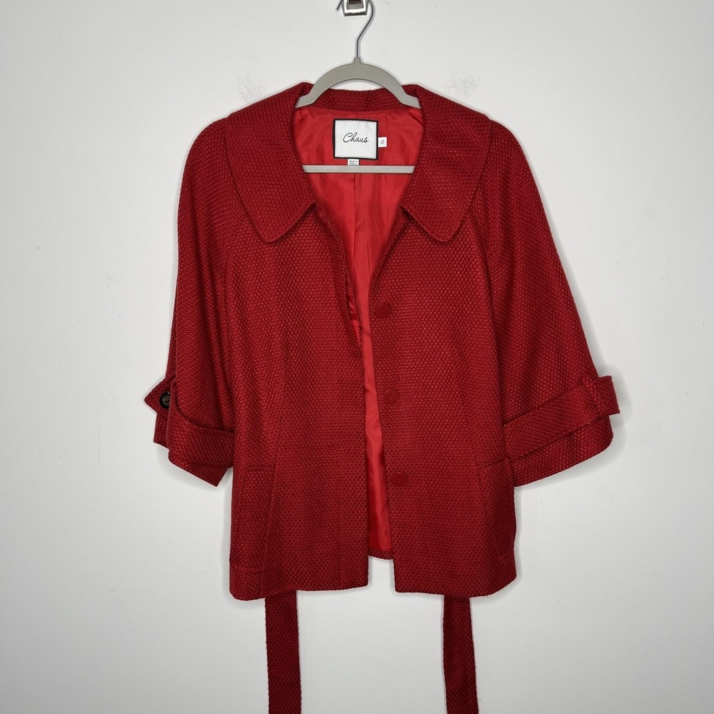 Chaus Jacket Womens‎ 10 Red Acrylic Blend Belted 3/4 Sleeve Lined Tweed Short
